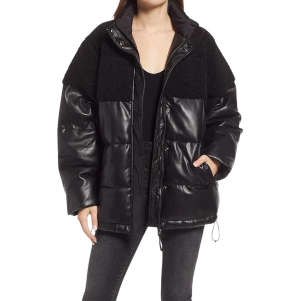 Good American Faux Leather Cocoon Puffer Jacket Black Sherpa Coat Size 2 US XL